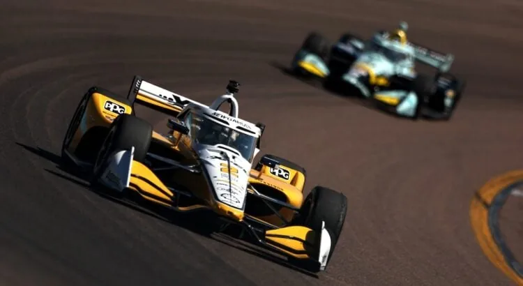 Josef Newgarden (Penske) emerges on the Phoenix oval