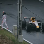 Arvid Lindblad crashes in the rain during Pirelli testing at Suzuka