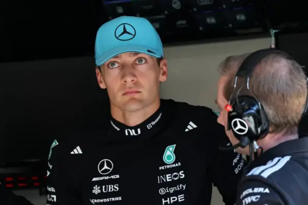 Mercedes changes an engine component on Russell's car before the Hungarian Grand Prix